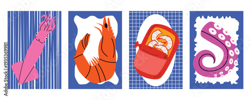 Retro style seafood banner and poster set with squid, shrimp, canned crab meat and octopus for Italian seafood restaurant branding and marketing materials