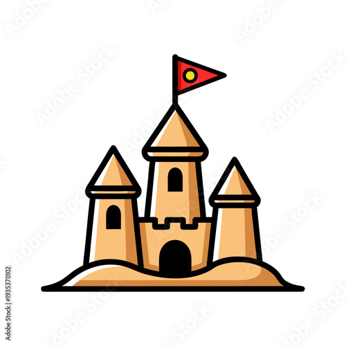 Cartoon sandcastle icon with three towers and red flag on white background for beach and summer themes
