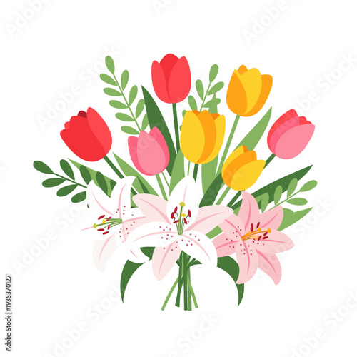 Colorful bouquet featuring red and yellow tulips with white lilies and greenery on white background