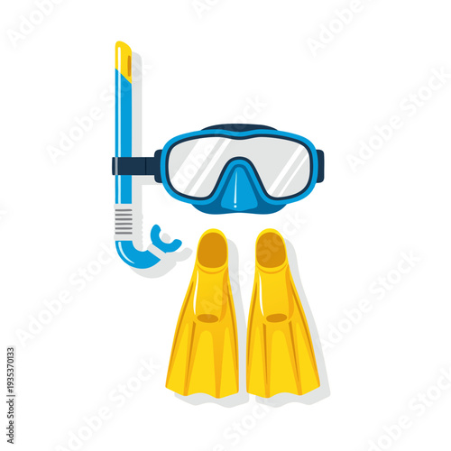 Diving gear set with snorkel, goggles, and yellow flippers for underwater exploration and snorkeling adventures in tropical waters