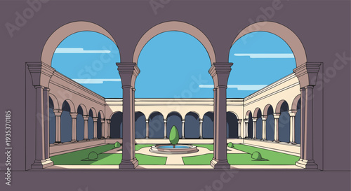 Historic cloister courtyard with symmetrical arches, central fountain, and verdant lawn under blue sky