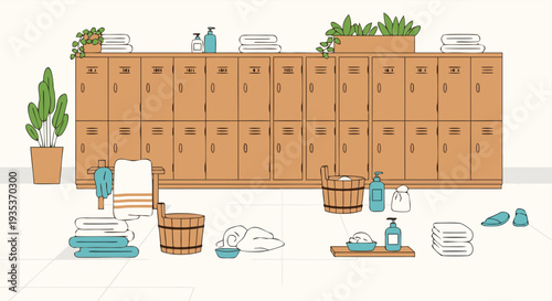 Cozy spa locker room with wooden lockers, towels, plants, and relaxing atmosphere, featuring slippers, baskets, and soothing creams for wellness and comfort