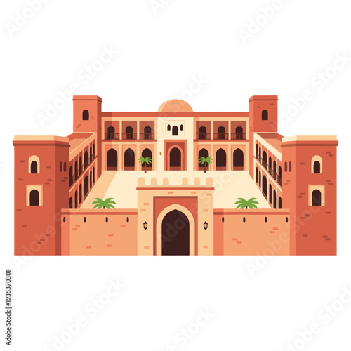 Historical middle eastern fortress with courtyard and palm trees showcasing architectural elements in warm earth tones