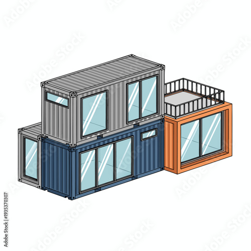 Modular shipping container house design featuring stacked colorful units with large windows and balcony for modern sustainable living