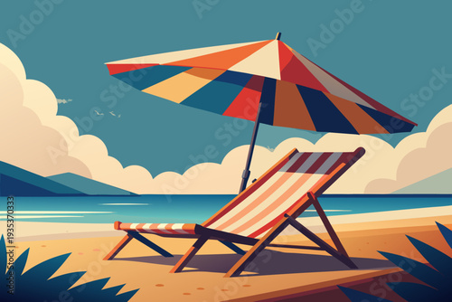 Colorful beach umbrella and striped deck chair on sandy beach overlooking serene ocean with clear blue sky and gentle waves
