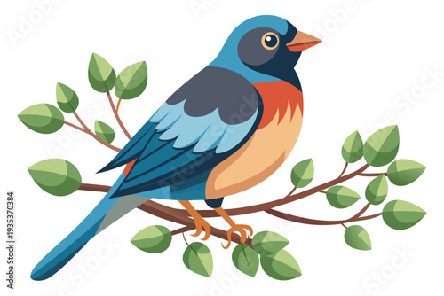 Illustrated blue and orange bird with green leaves on branch featuring multicolored plumage and bold design