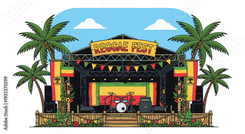 Colorful Stage with Musical Instruments Setup.