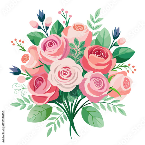 Vibrant bouquet of pink and white roses with lush greenery and delicate accents