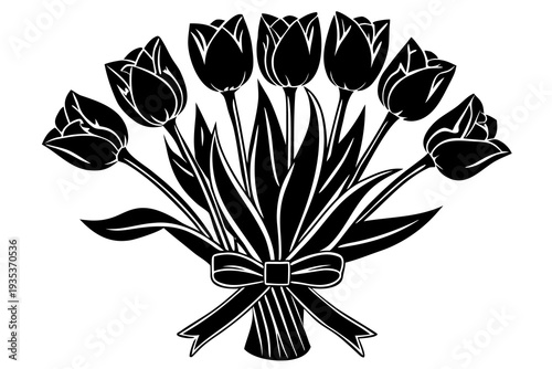Elegant black and white bouquet of tulips with ribbon: intricate floral design celebrating simplicity and beauty in a stylized artistic drawing