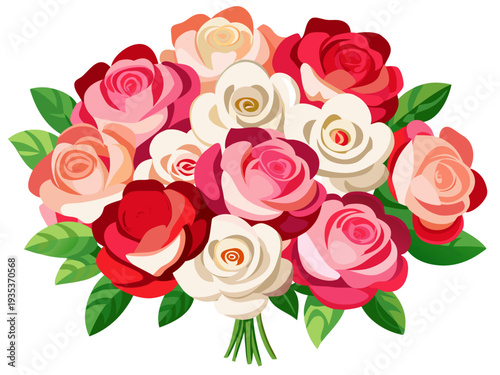 Vibrant bouquet of multi-colored roses with varied shades and fresh green leaves for floral arrangements and botanical decoration enthusiasts