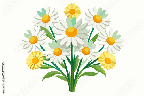 Vibrant bouquet of blooming white and yellow daisies with green leaves on a soft background illustrating natural beauty and springtime freshness