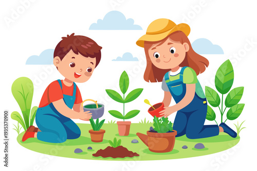 Children joyfully engaged in gardening: two kids planting and caring for young seedlings in a vibrant outdoor garden setting under a clear blue sky