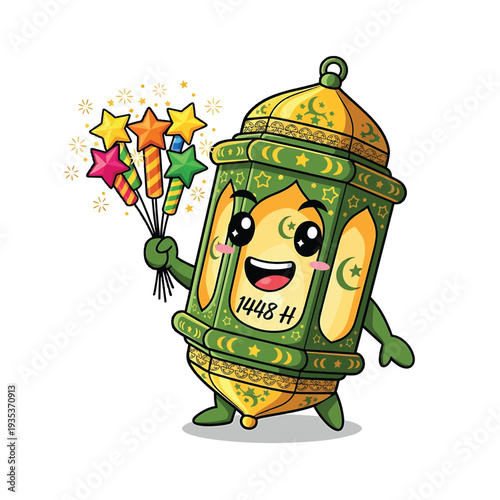 Festive Green Lantern Lantern Character with Star Wands