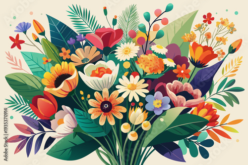 Vibrant floral arrangement with diverse blossoms and lush greenery on a warm beige background