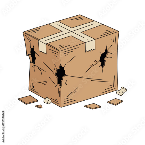 Cardboard box showing multiple holes and tears, with packing material scattered around, illustrating shipping damage or a delivery problem