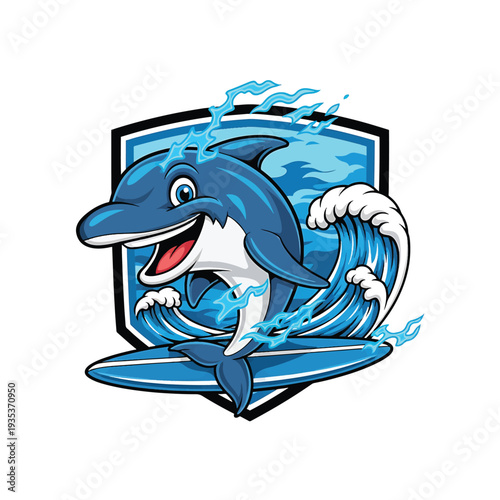 Energetic Blue Dolphin mascot surfing with wave crest