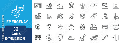 Emergency Line Icon Set.Contain to related icons  911, Fire, Police, Medical , Rescue ,Disaster Healthcare and more., Editable Stroke . Vector illustration.