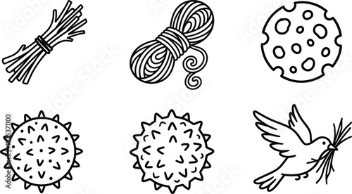 Nativity Symbols Line Icons Set – Bread, Wheat, Yarn, Crown of Thorns, and Dove Christian Illustration
