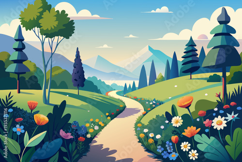 Serene pathway through idyllic mountain landscape with vibrant wildflowers and majestic trees under clear blue sky