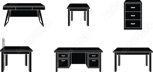 Office Desk and Drawer Cabinet Furniture Silhouette Vector Set