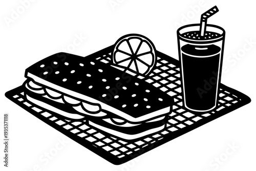 Monochrome sandwich and soda: delicious lunch with citrus slice on checkered surface