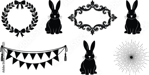WebRabbit silhouette decorative vector set, bunny icon collection with wreath frame banner starburst ornament, vintage design elements illustration isolated