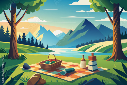 Serene mountain picnic setup amid lush forest by tranquil lake at sunset with basket, wine, and snacks on checkered blanket