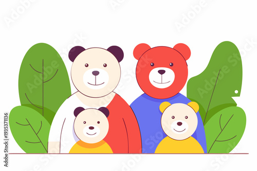 Whimsical bear family portrait with colorful outfits surrounded by greenery and simple shapes in a charming illustration