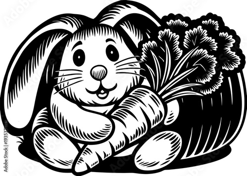 Cute cartoon bunny holding carrot with parsley sitting adorably in black and white illustration