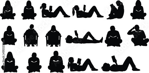 WebPeople Reading Books Silhouette Set with Men and Women Sitting and Lying Down CAD Drawing Flat Vector Illustration for Design