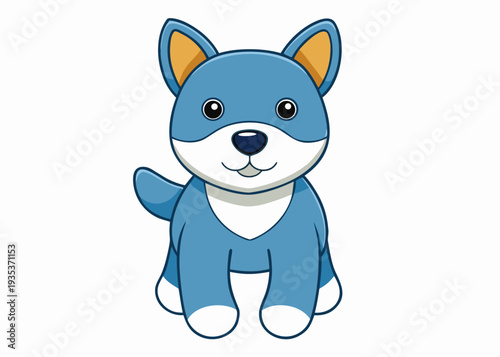 Cute blue cartoon dog with big eyes and pointy ears sitting against a white background