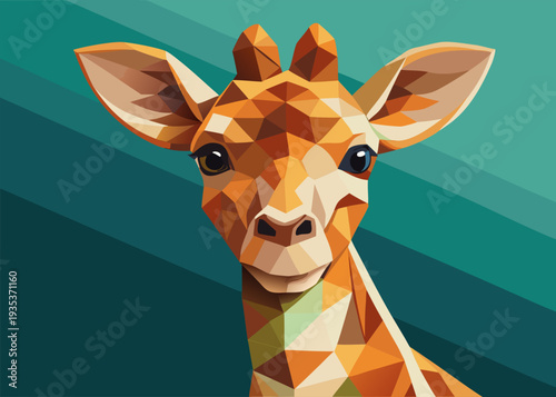 Geometric giraffe art in bold colors with low-poly design on a teal gradient background exhibiting a stylized wildlife portrait