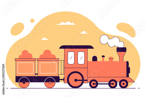Whimsical cartoon train with steam engine in minimalist style against yellow background with clouds