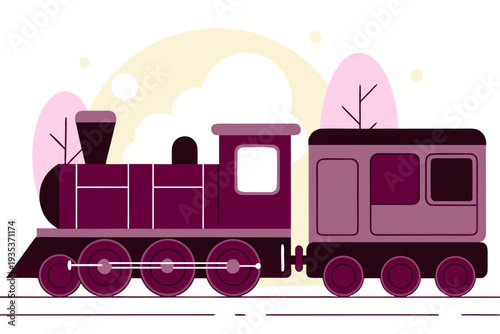 Vintage steam locomotive with passenger carriage against pastel floral scenery in minimalist style