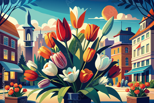 Vibrant cityscape with colorful tulips in bloom set against a picturesque urban background at sunset