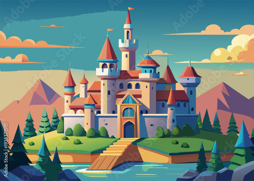 Enchanting medieval castle on tranquil island with majestic towers and lush pine forest under a vibrant sky at sunset