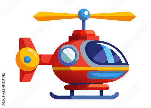 Colorful cartoon helicopter with blue windows and yellow rotor blades on white background for kids design