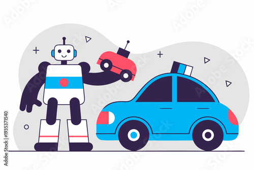 Playful robot holding toy car next to blue cartoon vehicle with whimsical doodles in child-friendly illustration