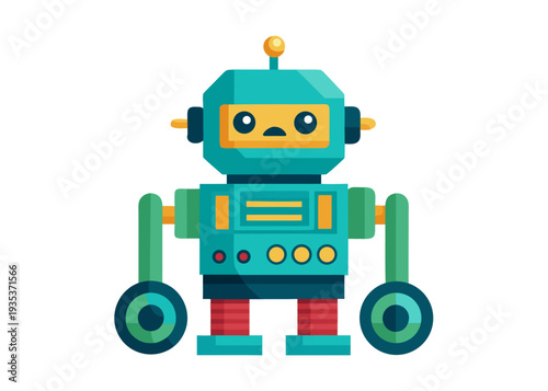 Colorful cartoon robot with geometric design and expressionless face featuring wheels and control panel