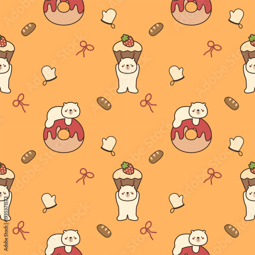 Polar bear on donut cartoon so cute. On cupcake bow bread oven glove yellow background. Pattern seamless vector illustration. 