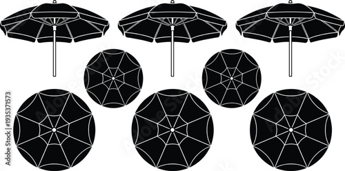 Beach umbrella set top and side view vector silhouettes, summer sunshade parasol icons collection