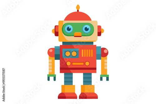 Colorful cartoon robot with geometric shapes and playful design on white background for kids and technology enthusiasts
