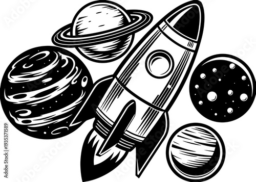 Vintage space exploration illustration featuring rocket and planets in retro black and white design