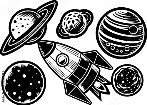 Vintage space adventure design featuring rocket and planets in retro style with black and white cosmic elements