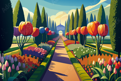 Vibrant garden pathway with colorful flowers and tall trees leading to distant pavilion under blue sky and soft clouds