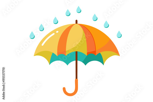 Vibrant orange and yellow umbrella with raindrops on white background for weather and rainy season concepts