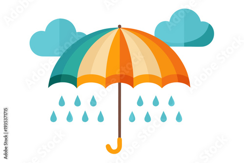 Colorful umbrella with rain drops and blue clouds in a minimalist design reflecting vibrant weather and simple art styles
