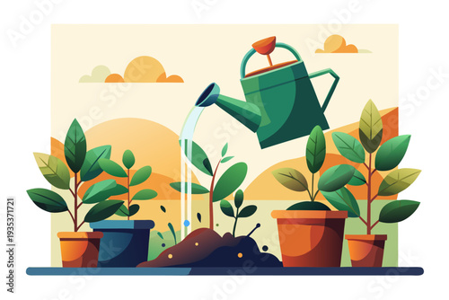 Colorful watering can nurturing vibrant green plants in warm outdoors with sunlit background and orange skies