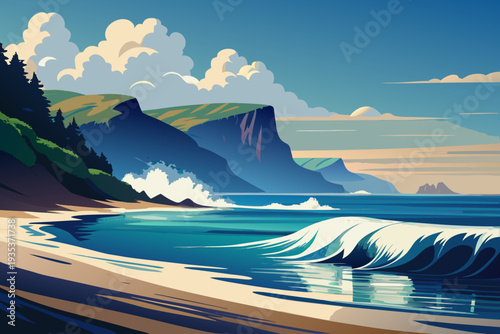Majestic coastal landscape with waves crashing onto sandy shore against cliffside under clear blue sky in vibrant sunset
