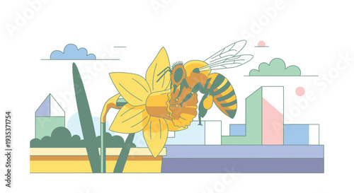 Bee Collecting Pollen from Yellow Flower.